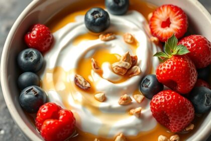 Görög joghurt friss bogyós gyümölcsökkel és mézzel tálalva