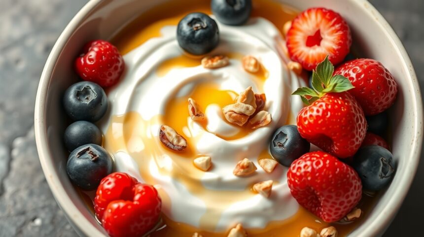 Görög joghurt friss bogyós gyümölcsökkel és mézzel tálalva