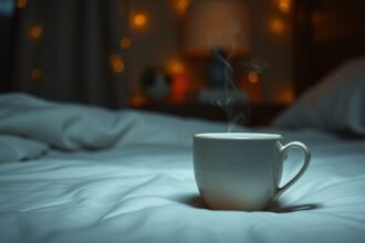 Gőzölgő kamillatea egy ágyban, kellemes esti hangulatban.