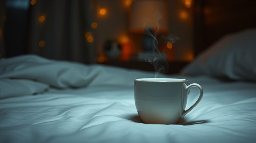 Gőzölgő kamillatea egy ágyban, kellemes esti hangulatban.