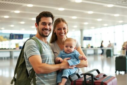 Család repülőtéren babával, bőrönddel és hátizsákkal