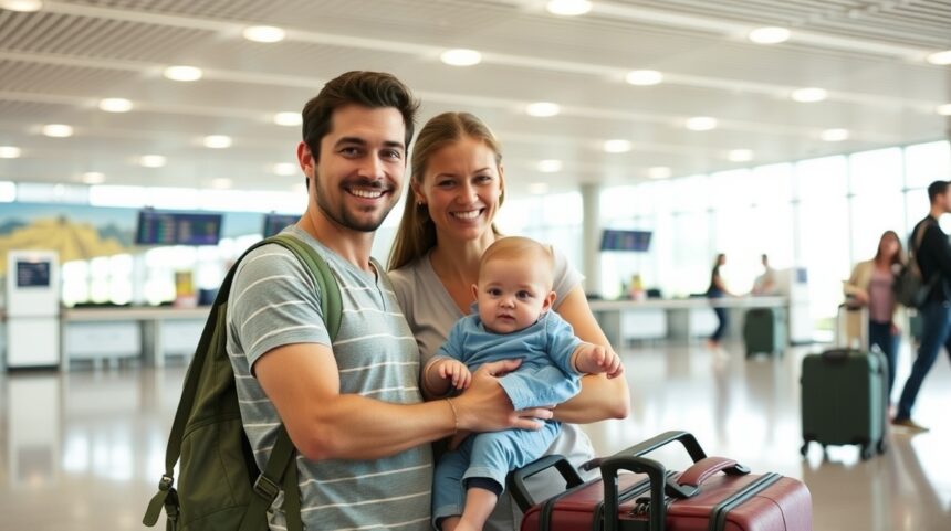 Család repülőtéren babával, bőrönddel és hátizsákkal