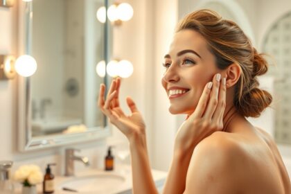 Fiatal nő bőrápolási rutin közben a tükör előtt