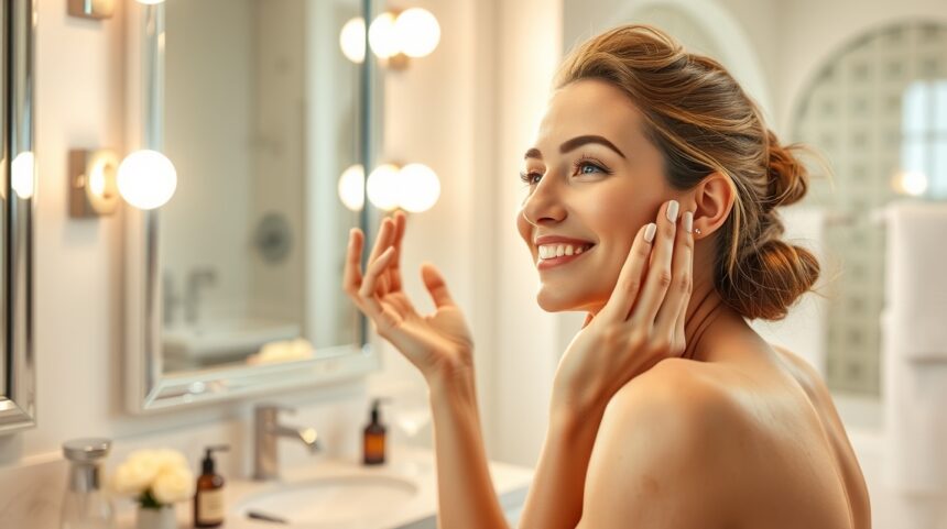 10 perc alatt új külső: Gyors szépségápolási rutinok 1 Fiatal nő bőrápolási rutin közben a tükör előtt