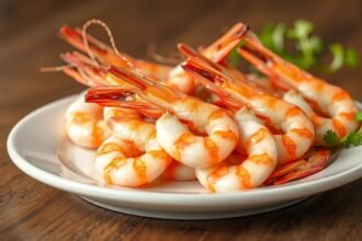 Friss garnélarák egy fehér tányéron, ízlésesen tálalva.