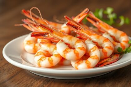 Friss garnélarák egy fehér tányéron, ízlésesen tálalva.