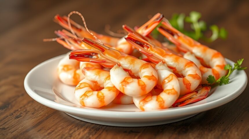 Friss garnélarák egy fehér tányéron, ízlésesen tálalva.