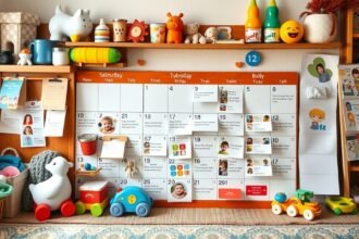 Családi naptár kisbaba kellemes környezetben.