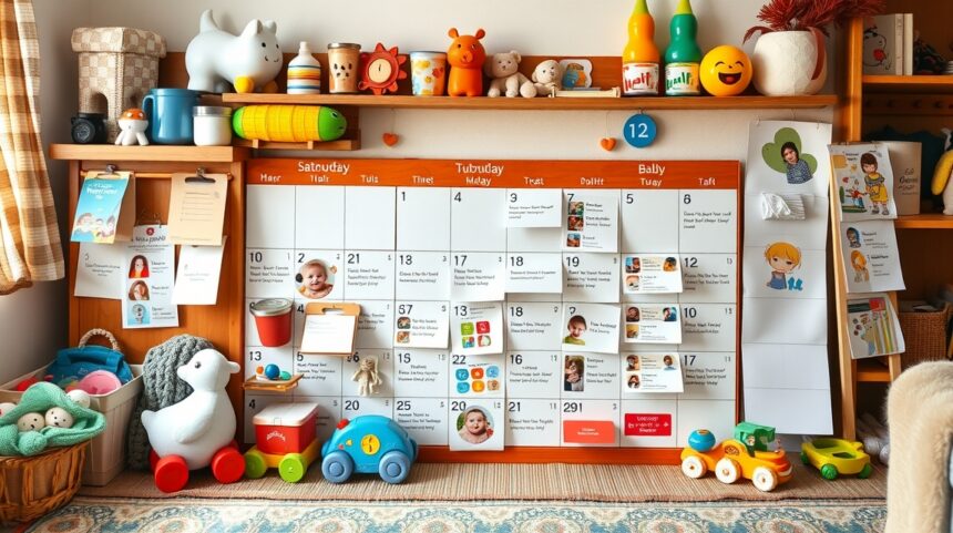 Családi naptár kisbaba kellemes környezetben.