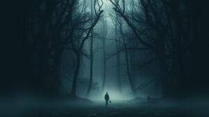 Egy ember sétál egy sűrű, ködös erdőben, a fák sötét árnyékában.