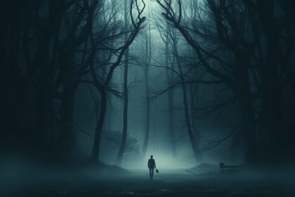 Egy ember sétál egy sűrű, ködös erdőben, a fák sötét árnyékában.