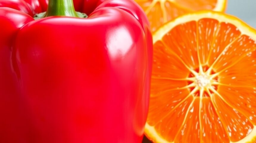 Egy piros paprika és narancs szeletek, C-vitamin források.
