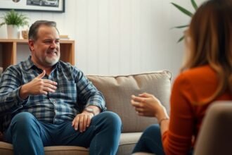 Férfi és nő beszélgetnek egy kanapén ülve, a kapcsolatok megértéséről.