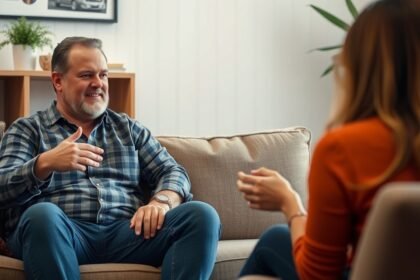 Férfi és nő beszélgetnek egy kanapén ülve, a kapcsolatok megértéséről.
