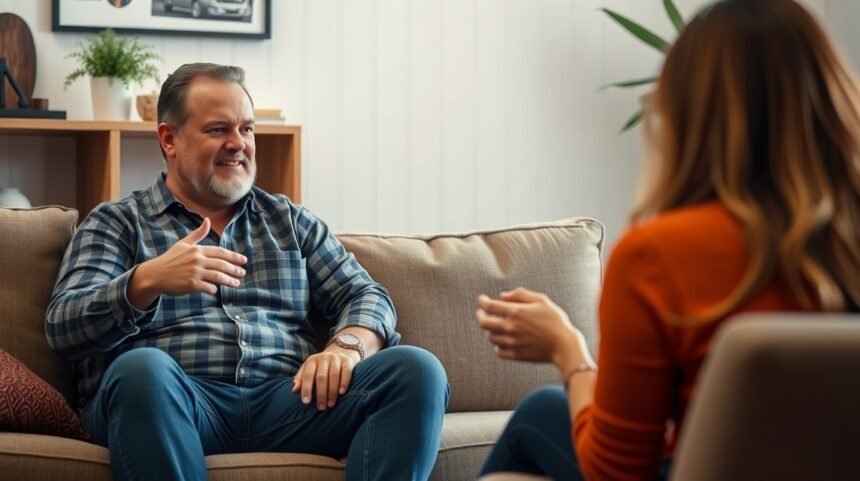Férfi és nő beszélgetnek egy kanapén ülve, a kapcsolatok megértéséről.