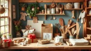 Kreatív DIY ajándékok készítéséhez szükséges eszközök és kellékek asztalon.