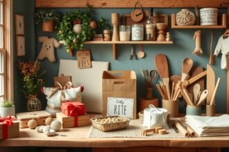 Kreatív DIY ajándékok készítéséhez szükséges eszközök és kellékek asztalon.