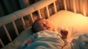 Kisbaba békés alvása a kiságyban, a nyugodt környezet segíti az altatást.