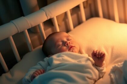 Kisbaba békés alvása a kiságyban, a nyugodt környezet segíti az altatást.