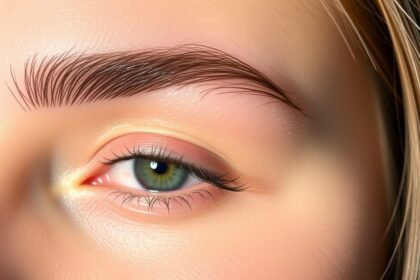 Szépen formázott szemöldök és részletes szemápolás közelképe.