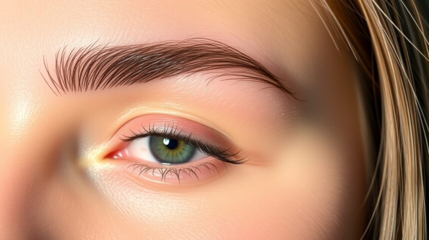 Szépen formázott szemöldök és részletes szemápolás közelképe.