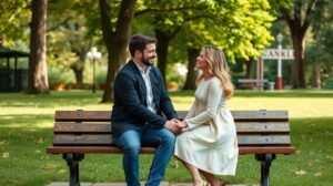 womensway 129 Pár kommunikál egy padon, kifejezve az érzelmeiket.