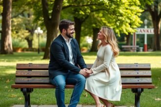 Pár kommunikál egy padon, kifejezve az érzelmeiket.