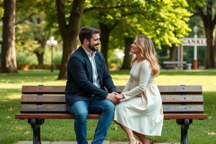 Pár kommunikál egy padon, kifejezve az érzelmeiket.