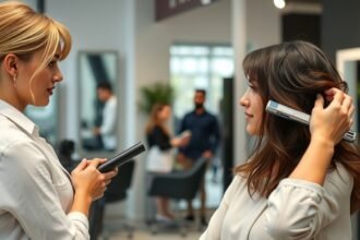 Fodrász stúdióban a hajápolásról beszélő női fodrász és ügyfél.