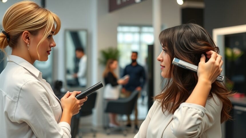 Fodrász stúdióban a hajápolásról beszélő női fodrász és ügyfél.