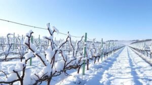 Téli szőlőlugas hóban, hideg időjárás látható.