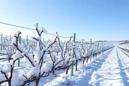 Téli szőlőlugas hóban, hideg időjárás látható.