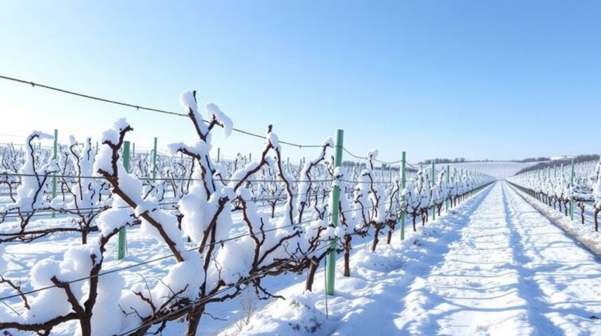 Téli szőlőlugas hóban, hideg időjárás látható.
