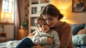 Egy édesanya és kisgyermeke közeli képe, kötődést mutatva.