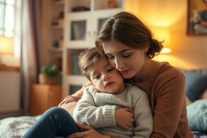Egy édesanya és kisgyermeke közeli képe, kötődést mutatva.