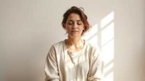 Nő meditál a napfényben, érzelmek kezelése az ex-szel való találkozás után.