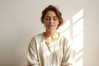 Nő meditál a napfényben, érzelmek kezelése az ex-szel való találkozás után.