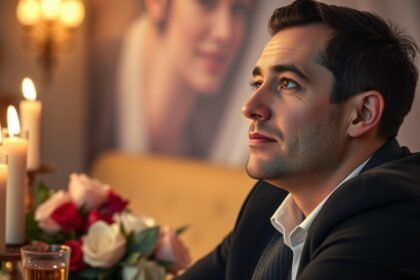Egy férfi romantikus vacsorán, gyertyák és virágok között, várakozással telve.