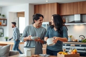 Két pár közösen osztja meg a házimunkát a modern konyhában.