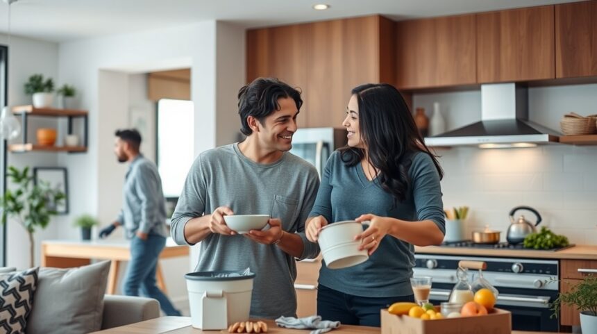 A házimunka megosztása: A modern párok kihívása 1 Két pár közösen osztja meg a házimunkát a modern konyhában.