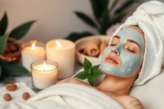 Nő természetes arcpakolással otthoni spa élményhez