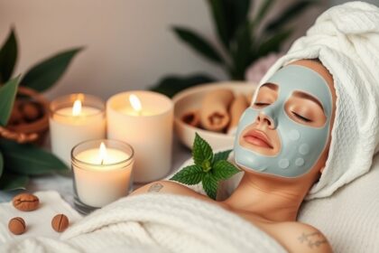 Nő természetes arcpakolással otthoni spa élményhez