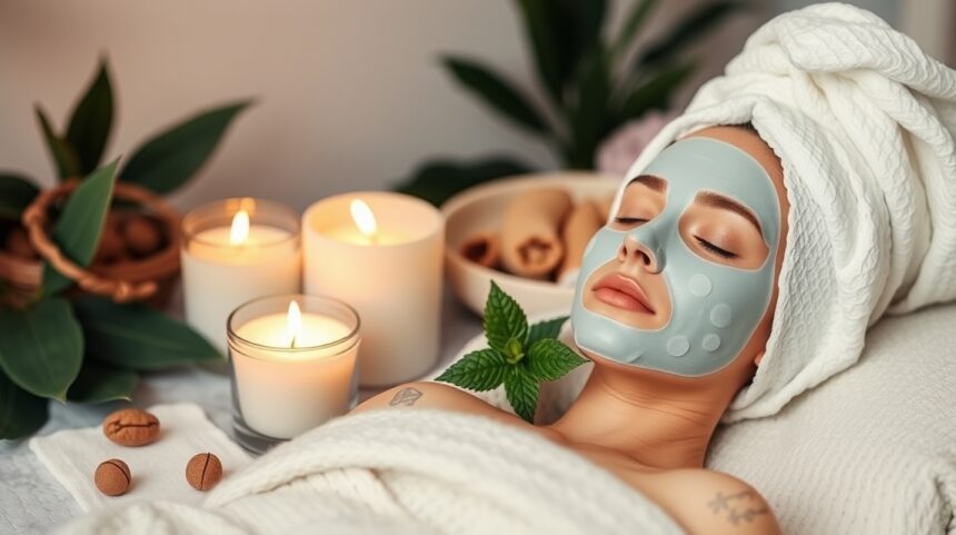 Nő természetes arcpakolással otthoni spa élményhez