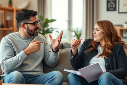 Két ember vitázik építő módon, támogató kommunikációval.