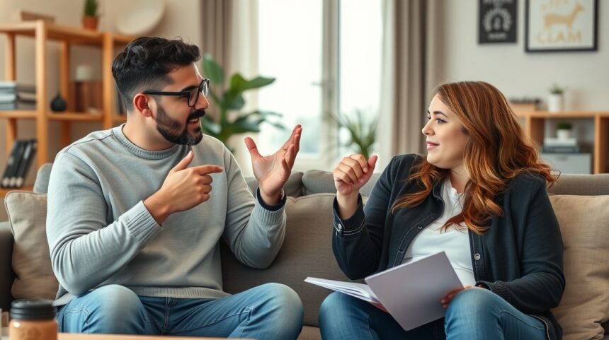 Két ember vitázik építő módon, támogató kommunikációval.