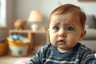 Baba szomorú arccal otthon, allergia tüneteire utalva.