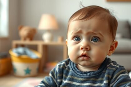 Baba szomorú arccal otthon, allergia tüneteire utalva.