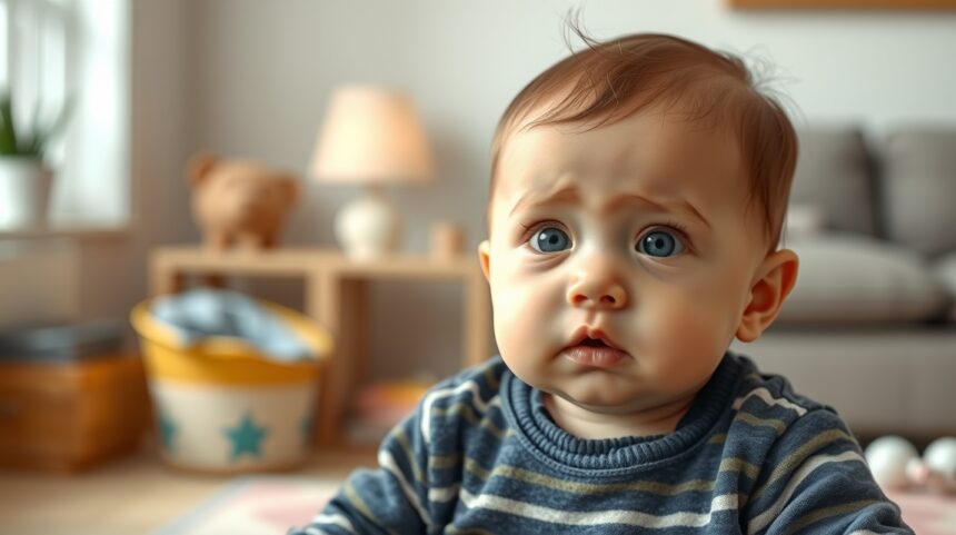 A baba korai allergiás tüneteinek felismerése 1 Baba szomorú arccal otthon, allergia tüneteire utalva.