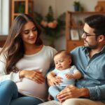 Várandós nő és férje a második gyermek érkezésére készülnek, boldog családi pillanat.