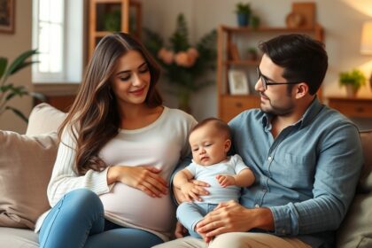 Várandós nő és férje a második gyermek érkezésére készülnek, boldog családi pillanat.